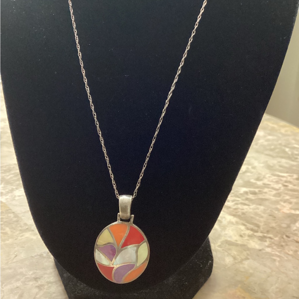Final Sale Vintage Sterling Necklace And Pendant W/Colorful Inlay & Mop